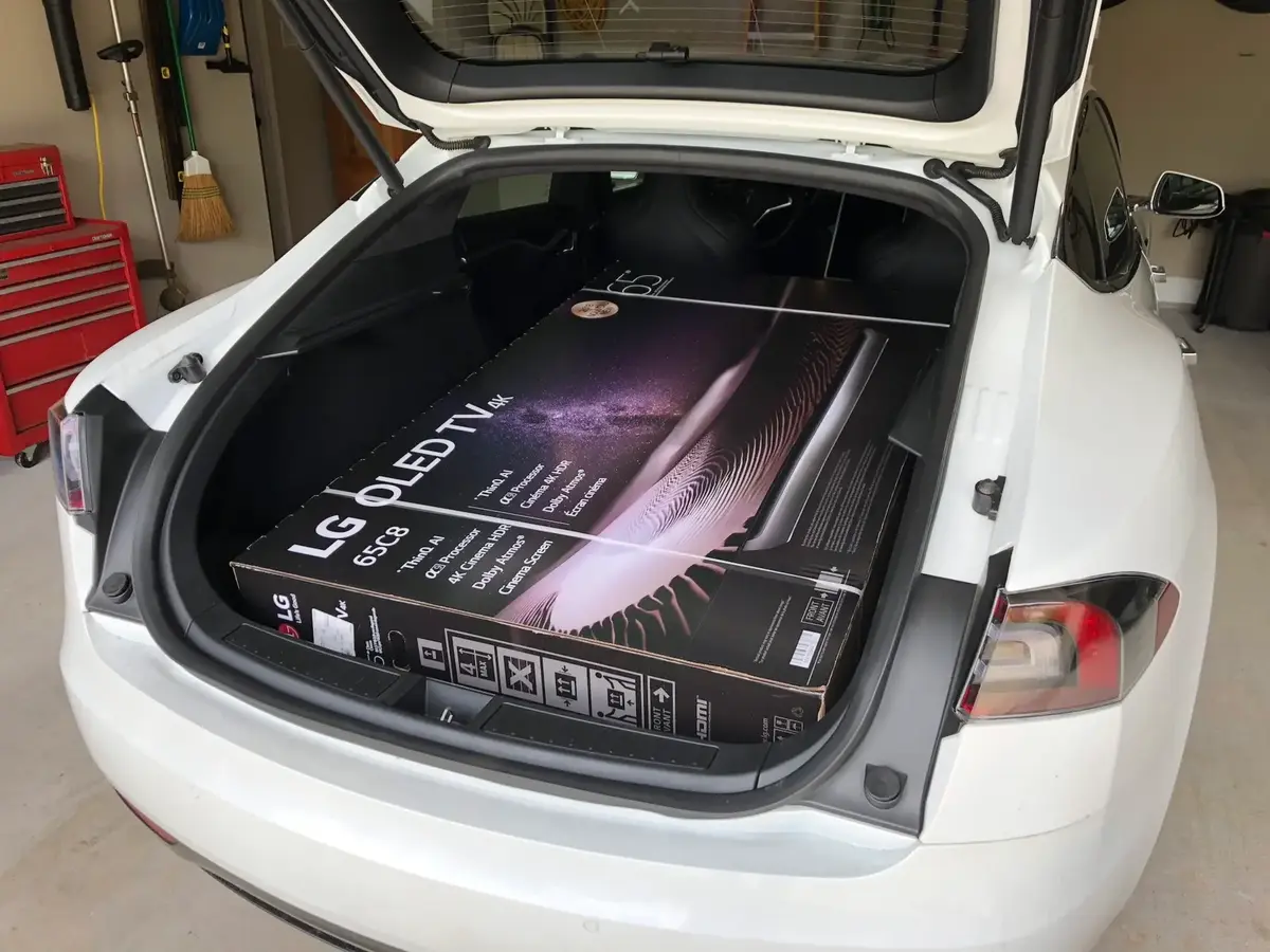 Tesla Model S Fit 65 inch TV in the Trunk