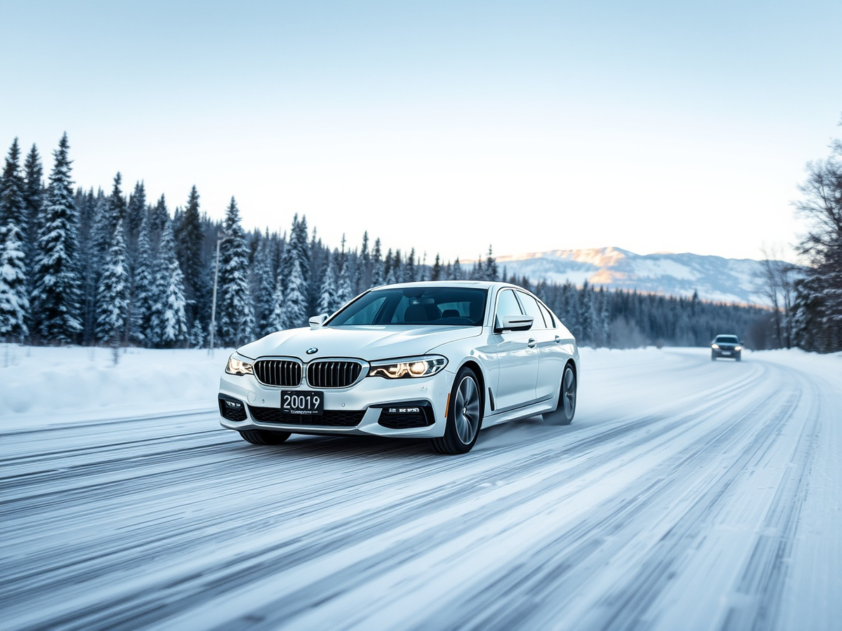 BMW Sedan Cruising on The Snowy Road