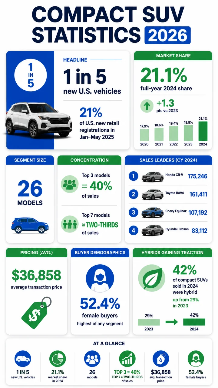 Compact SUV Statistics 2026: Market Share, Sales Leaders, Pricing & Hybrid Trends