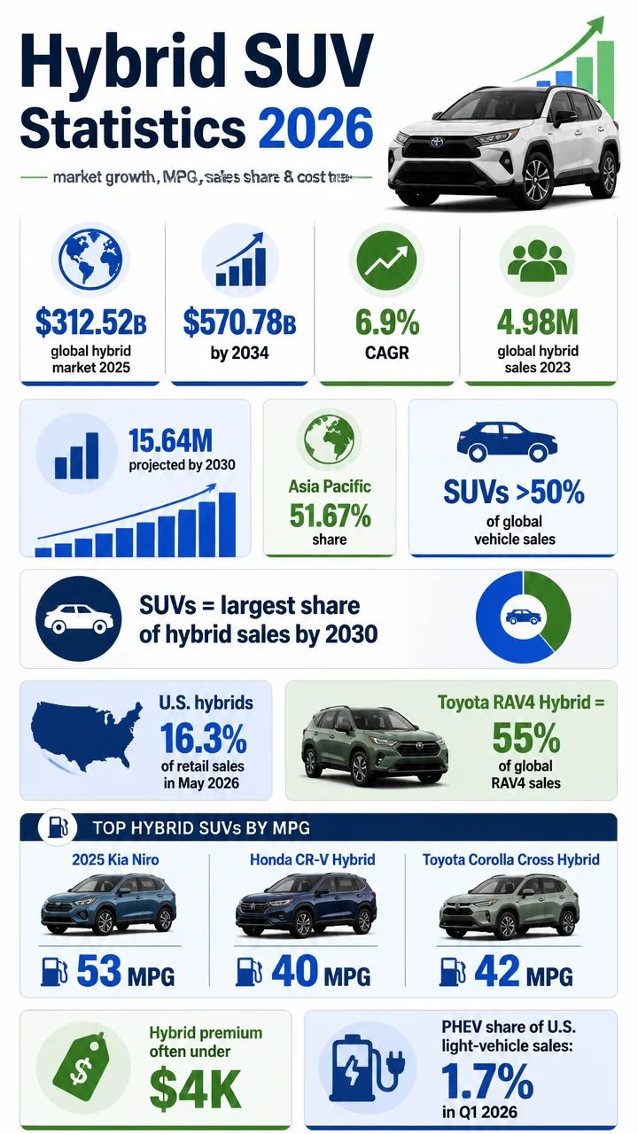 27 Hybrid SUV Statistics for 2026: Market Growth, MPG, Sales Share & Cost Trends