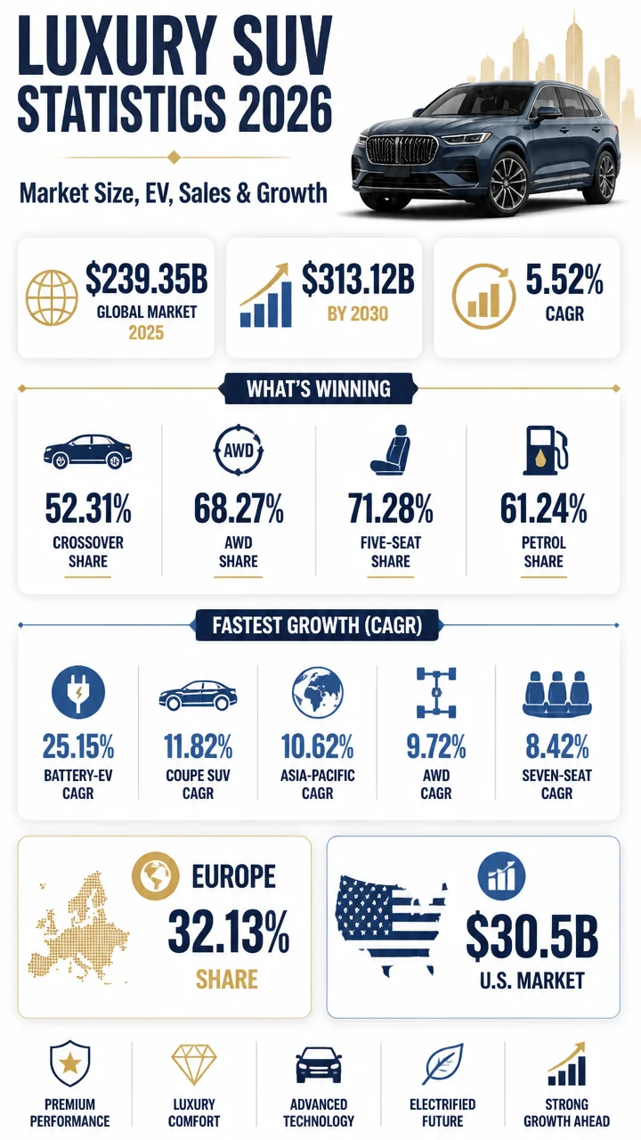 Luxury SUV Statistics 2026: 70 Market Size, EV, Sales & Growth Figures You Need to Know