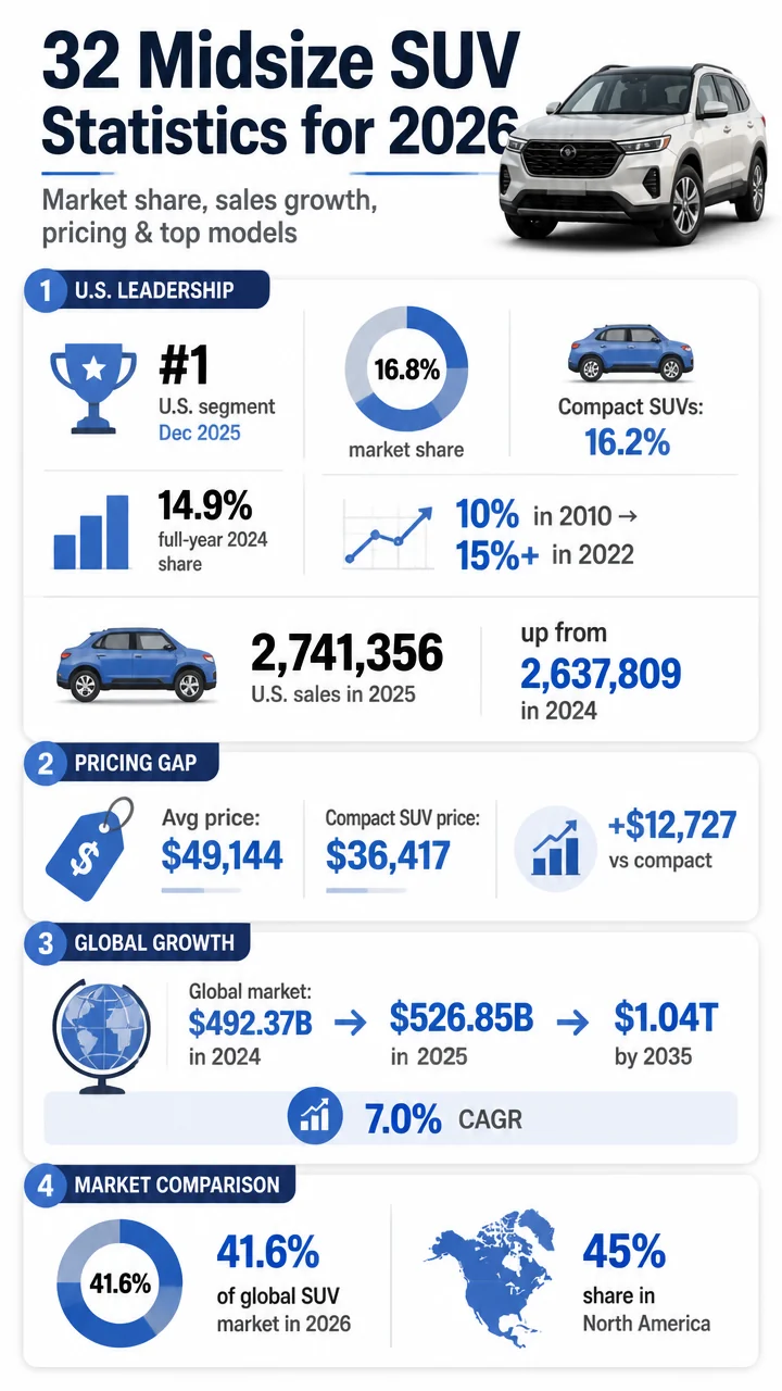 32 Midsize SUV Statistics for 2026: Market Share, Sales Growth, Pricing, and Top-Selling Models