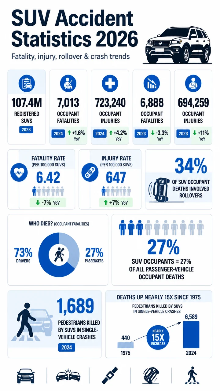 SUV Accident Statistics 2026: 70+ Fatality, Injury, Rollover, and Crash Trend Figures