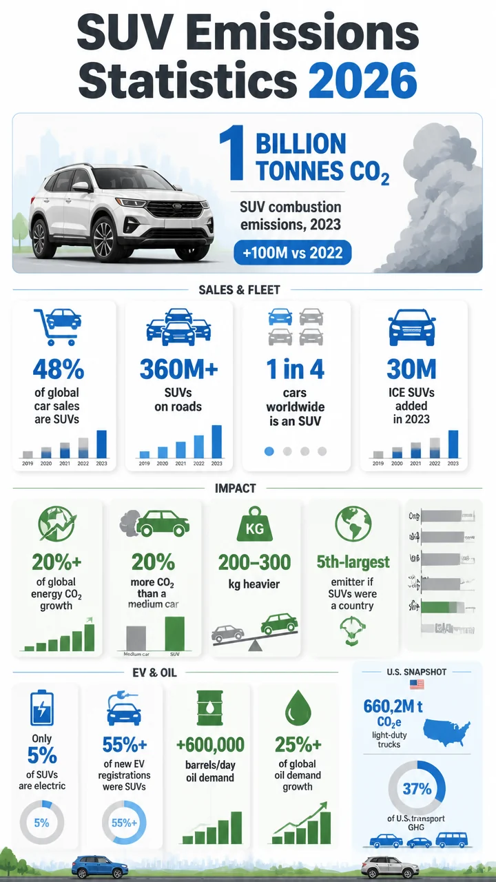SUV Emissions Statistics 2026: 1 Billion Tonnes, 48% of Car Sales, and Why Bigger Vehicles Keep Driving CO2 Higher