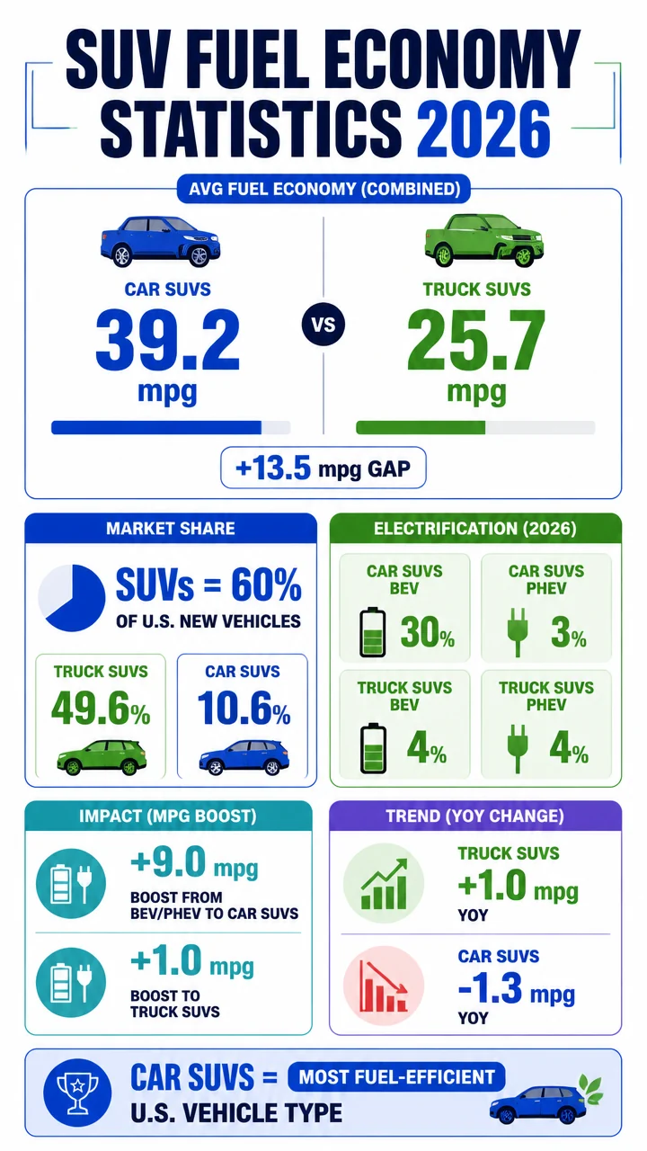SUV Fuel Economy Statistics 2026: 75 MPG, Market Share, Hybrid, EV, and SUV Efficiency Trends
