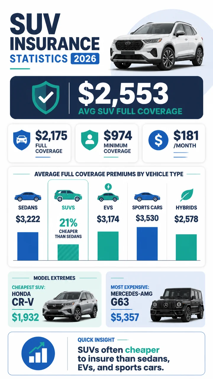 SUV Insurance Statistics 2026: Costs, Cheapest Models, Claims Data, and Market Trends