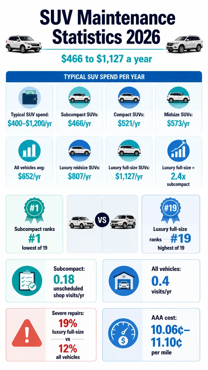SUV Maintenance Statistics 2026: Costs Range From $466 to $1,127 a Year, and Luxury Models Are 2.4x Pricier