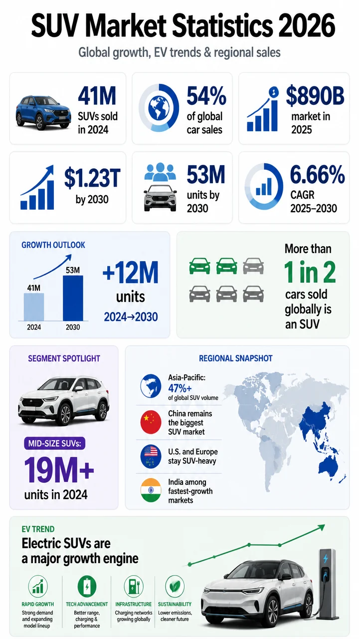 SUV Market Statistics 2026: 73 Data Points on Global Growth, EV Trends, and Regional Sales