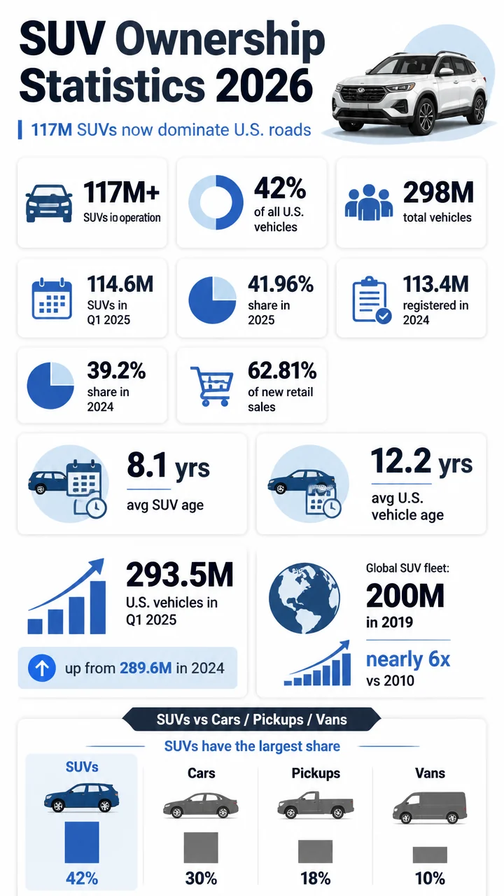 SUV Ownership Statistics 2026: 117M SUVs Now Dominate 42% of U.S. Vehicles