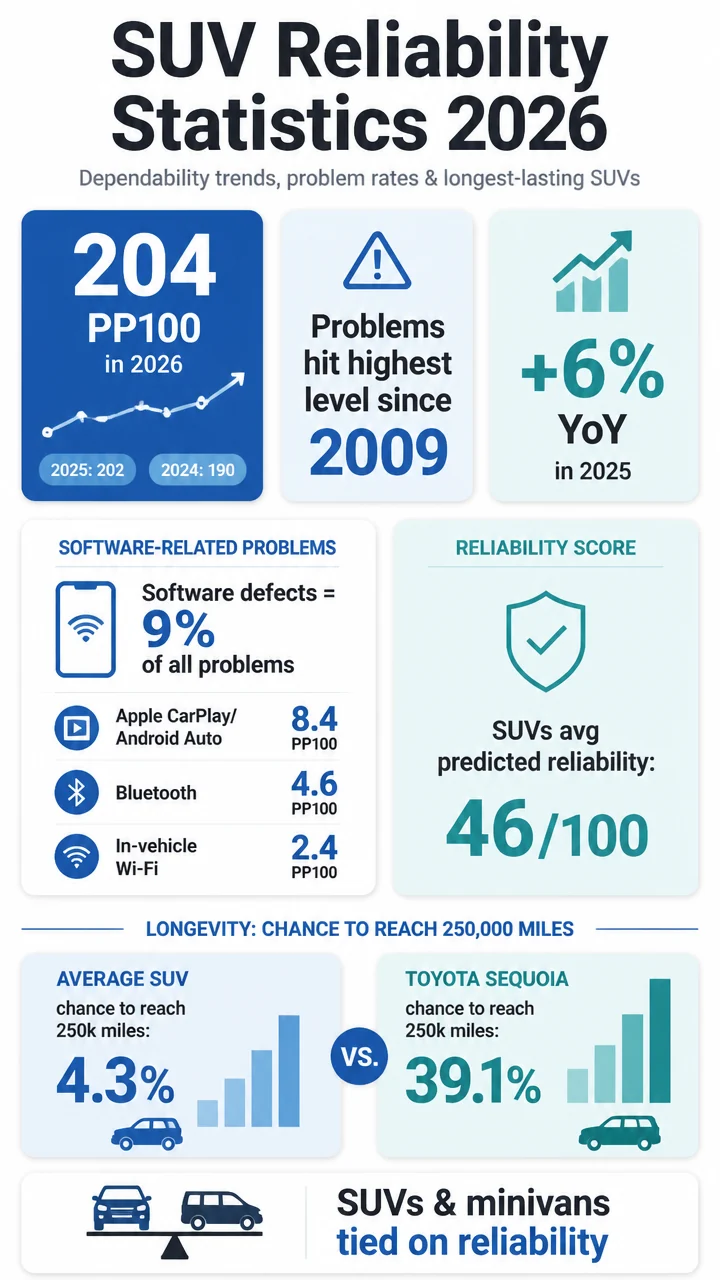 SUV Reliability Statistics 2026: Dependability Trends, Problem Rates, and the SUVs Most Likely to Last