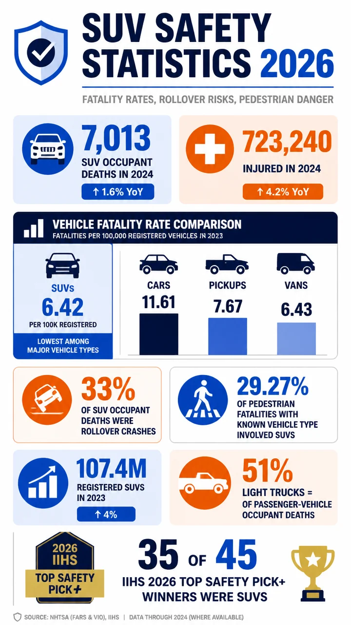 SUV Safety Statistics 2026: Fatality Rates, Rollover Risks, Pedestrian Danger & Key Trends