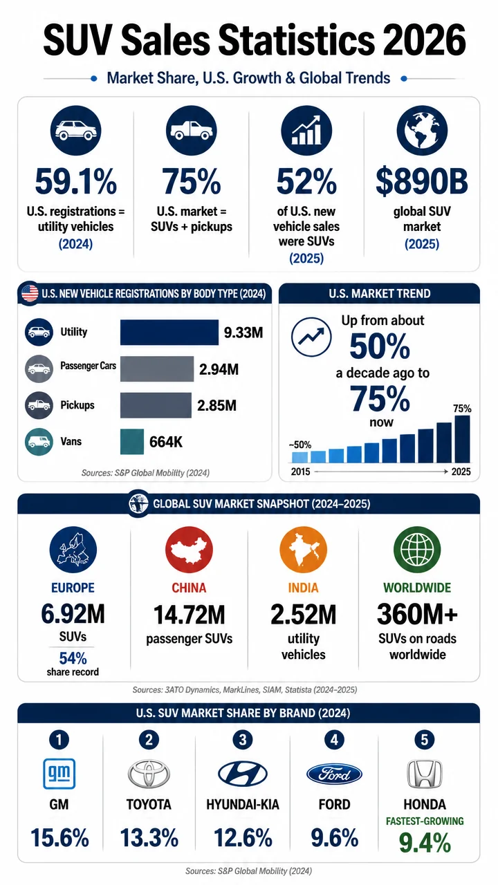 SUV Sales Statistics 2026: Market Share, Top Models, U.S. Growth & Global Trends