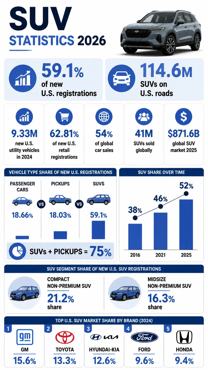 SUV Statistics 2026: 59% of New U.S. Registrations, 114.6 Million on the Road, and a Global Market Racing Past $871 Billion