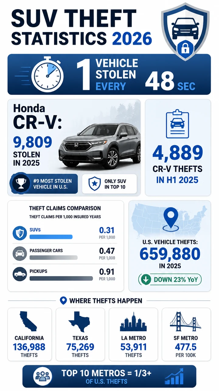 SUV Theft Statistics 2026: CR-V Leads U.S. Thefts While SUV Claim Rates Stay Below Pickups