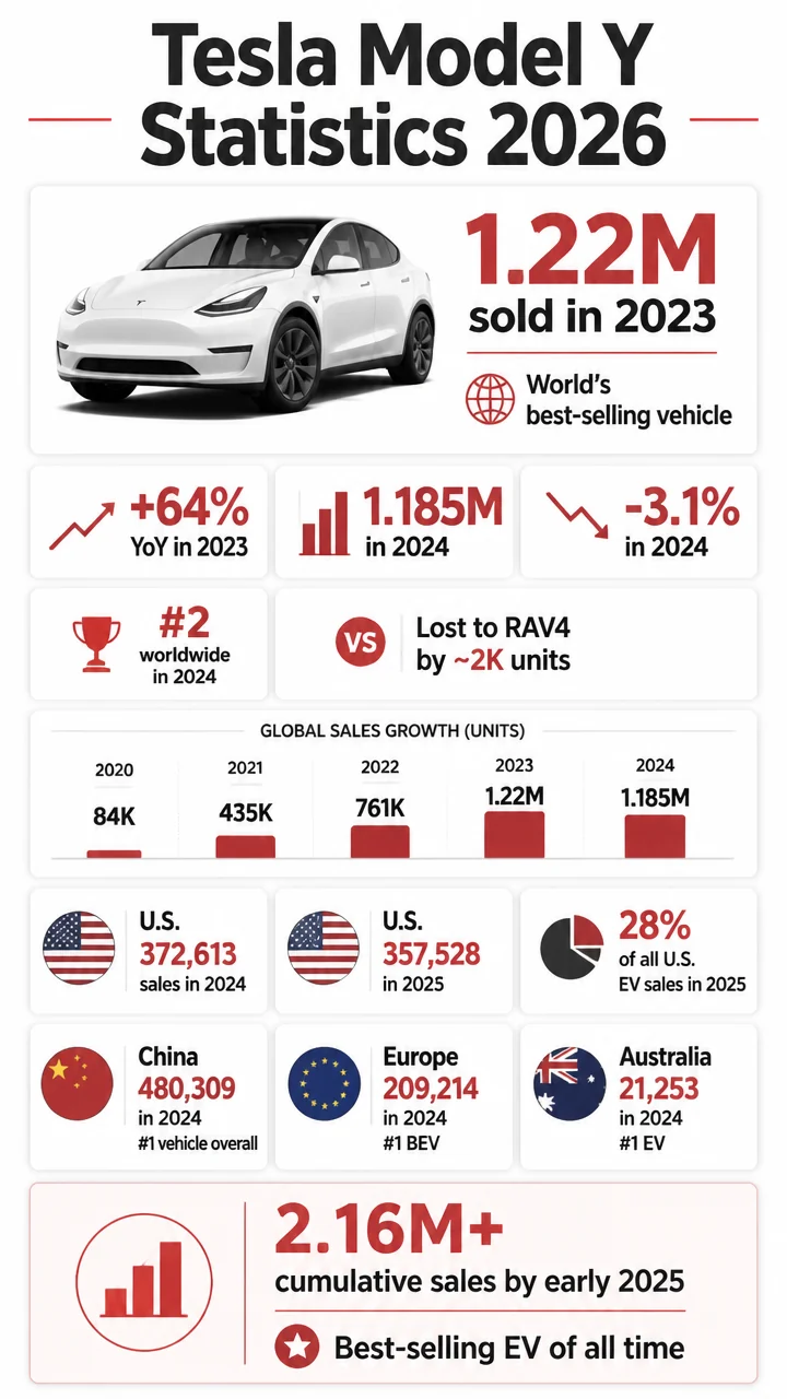 Tesla Model Y Statistics 2026: Sales, Market Share, Safety, Range & Global Growth Data